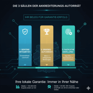 Infografik zu den 3 Säulen der Akkreditierungs-Autorität: Seriöse Integrität (Leumund), Ergebnis-Autorität (mind. 3 erfolgreiche Beratungen) und Fachliche Exzellenz (Diplom-Kaufmann, Coaching). AVGS BAFA.
