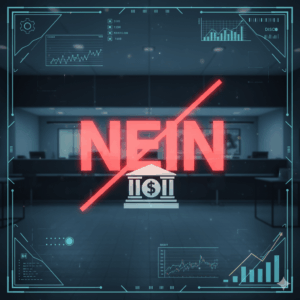 Durchgestrichenes rotes NEIN auf Bankdokument – Mikrokredit Ablehnung durch Hausbank.