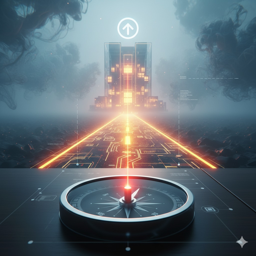 Digitaler Kompass zeigt eine klare, leuchtende Route durch bürokratischen Nebel hin zu einem hell erleuchteten Start-Ziel.