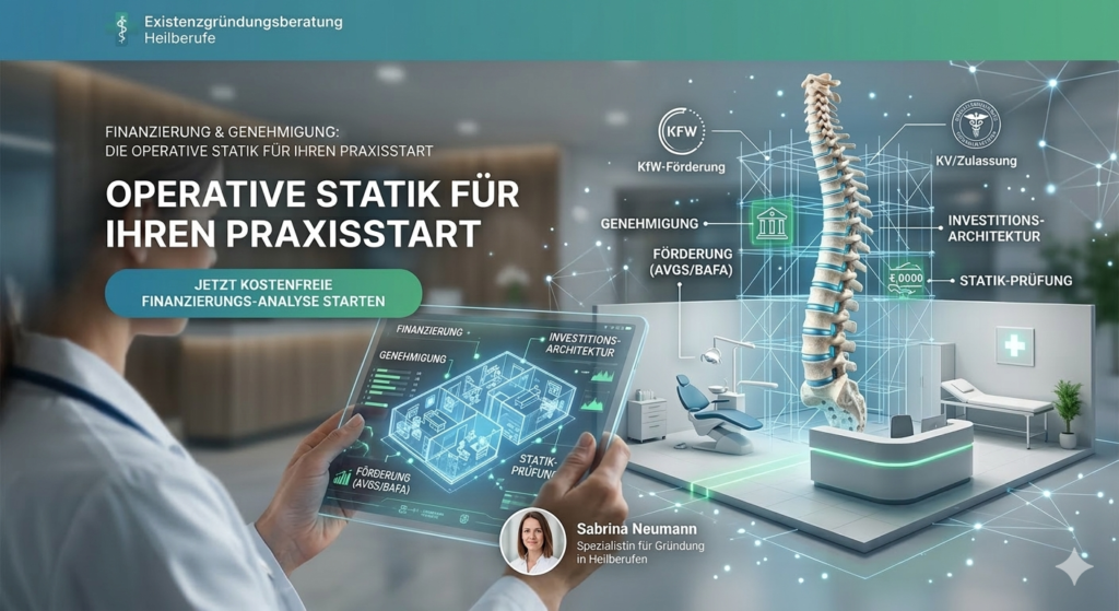 Abstrakte Darstellung einer Praxis-Gründungs-Architektur mit Wirbelsäulen-Modell, Finanzierungs-Statik und digitalem Business-Plan für Heilberufe