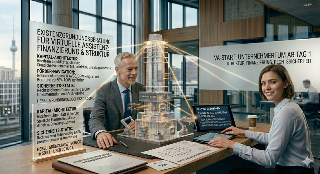 Die Existenzgründungsberatung für Virtuelle Assistenz im Bereich Buchhaltung sichert die operative Statik und GoBD-konforme Prozesse für einen rissfreien Marktstart.